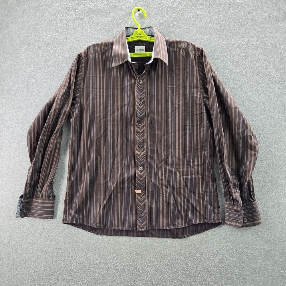 7 Diamonds Men Button Up Shirt L Brown Striped Long Sleeve
